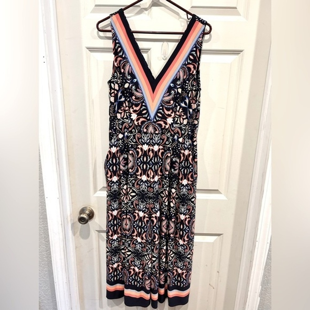 Vince Camuto Women's Sz 10 V‎ Neck Sleeveless Jumpsuit Floral Print Navy Coral